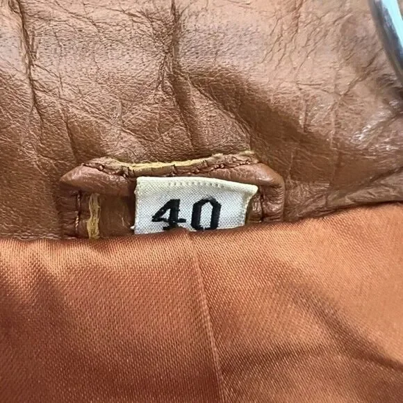 Vintage 70s Pampas Orange/Brown Leather Jacket Size 40 Button Up Mens Duster